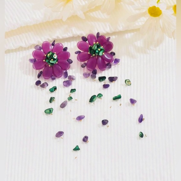 Vibrant Purple and Green Floral Beaded Earrings - Picture 4 of 4